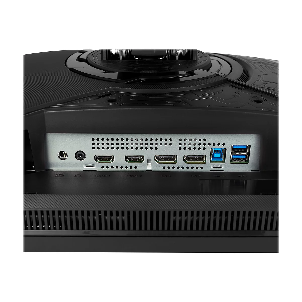 Nahaufnahme der Rückseite eines schwarzen Monitors mit Anschlüssen, darunter HDMI, DisplayPort und USB.
