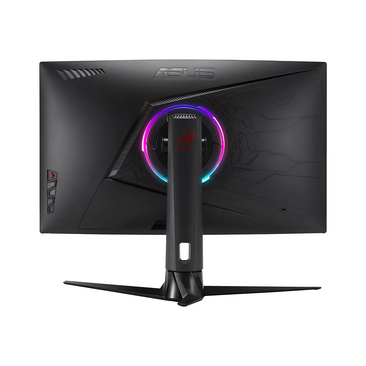Rückansicht eines schwarzen ASUS ROG Gaming-Monitors mit Asus-Logo. Beleuchtung, Standfuß und Anschlussblende.