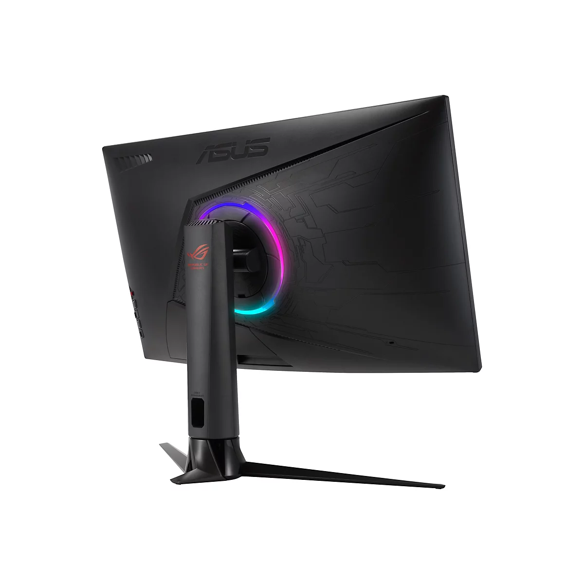 Schwarzer Gaming Monitor von hinten. Aufschrift ASUS und ROG. Ein RGB-Ring leuchtet.