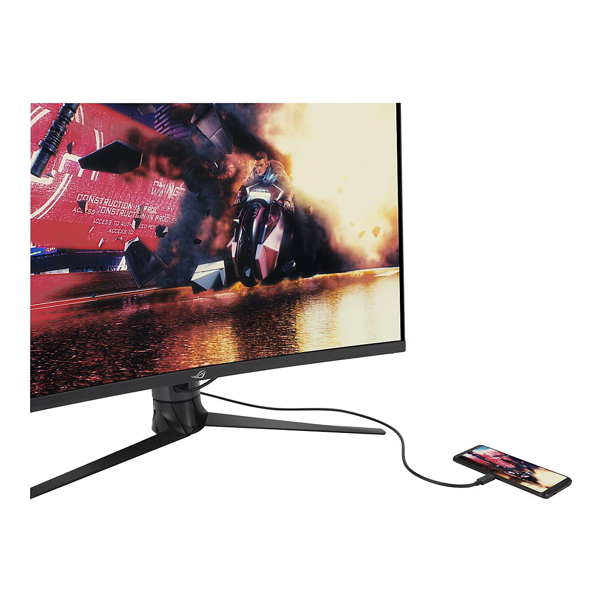 Ein Gaming Monitor mit einem dynamischen Bild, das eine futuristische Szene mit einer Motorradfahrerin zeigt. Der Monitor ist mit einem Smartphone verbunden.