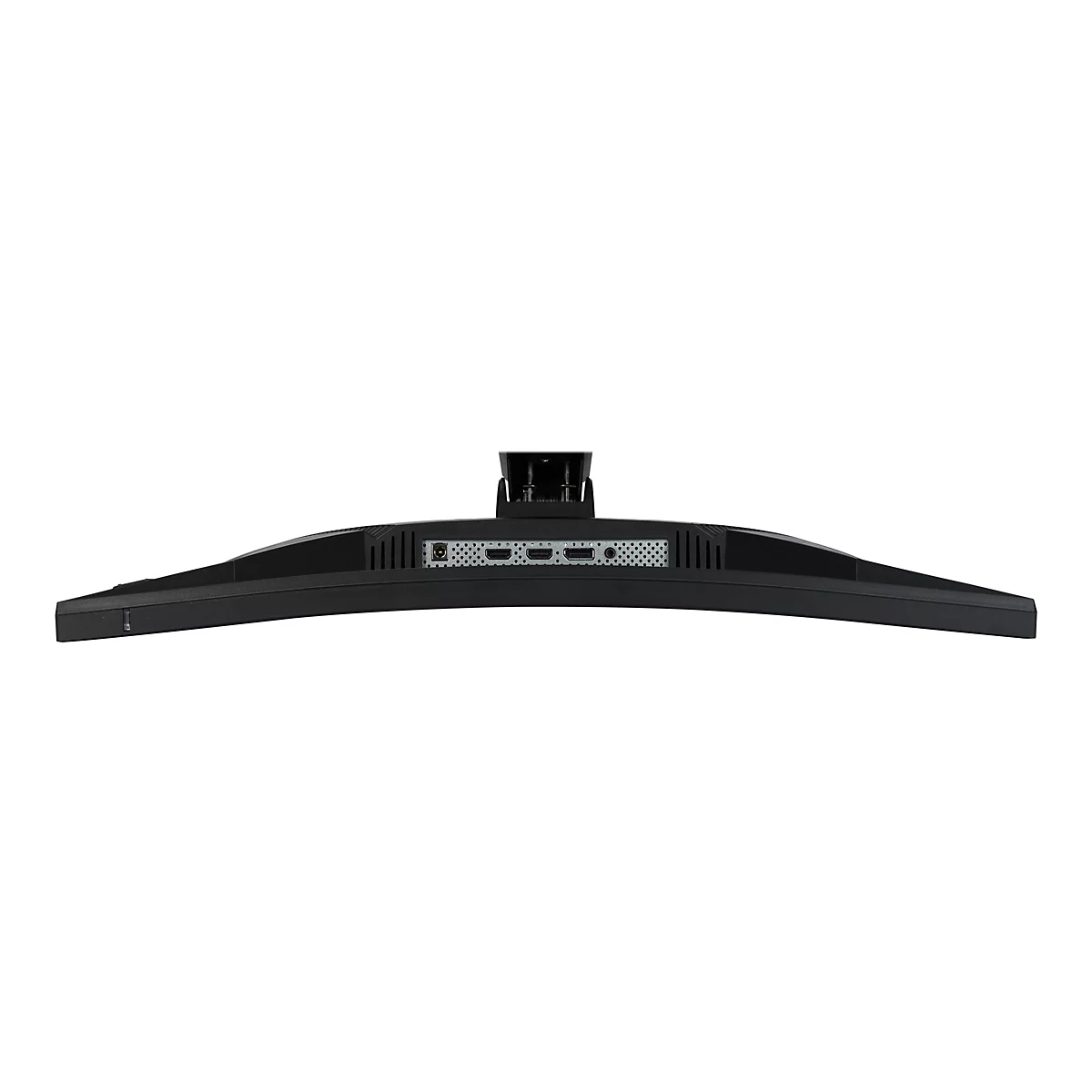 Rückansicht eines schwarzen, geschwungenen Monitors. Anschlüsse für Strom, HDMI und mehr sind sichtbar.