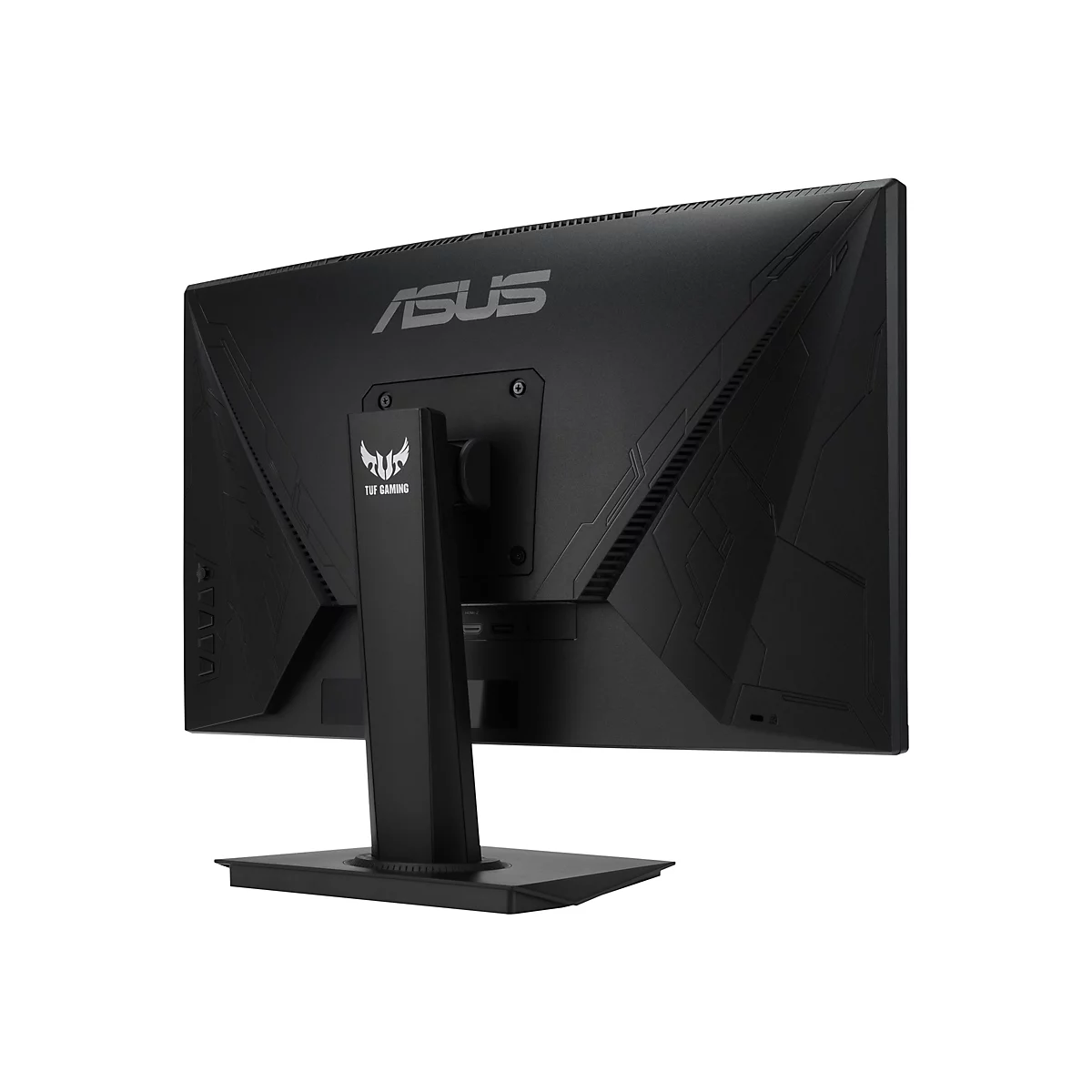 Schwarzer Monitor, Rückansicht, mit ASUS-Logo und Standfuß.