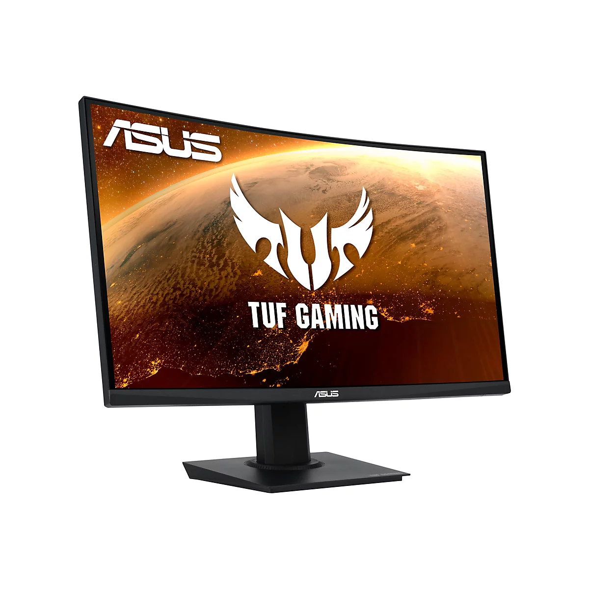 Ein ASUS TUF Gaming Monitor mit einem gebogenen Bildschirm, der ein Sternenhimmel-Hintergrund zeigt.