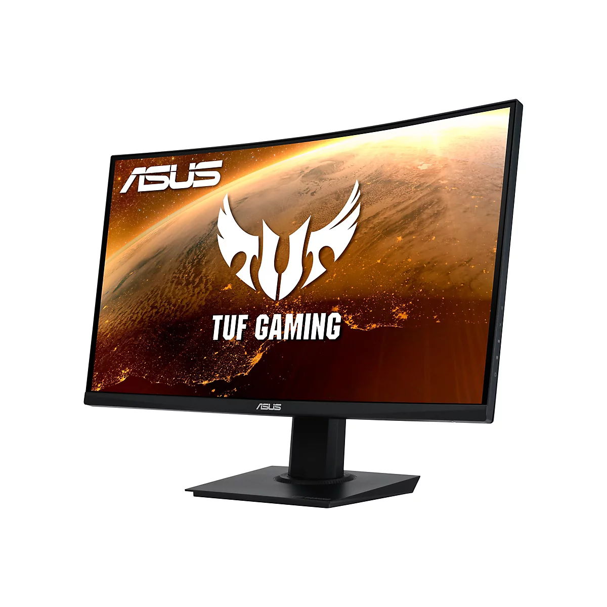 Ein schwarzer, gebogener ASUS-Gaming-Monitor mit dem TUF Gaming-Logo vor einem Weltraumhintergrund. Der Bildschirm ist auf einem Sockel montiert.
