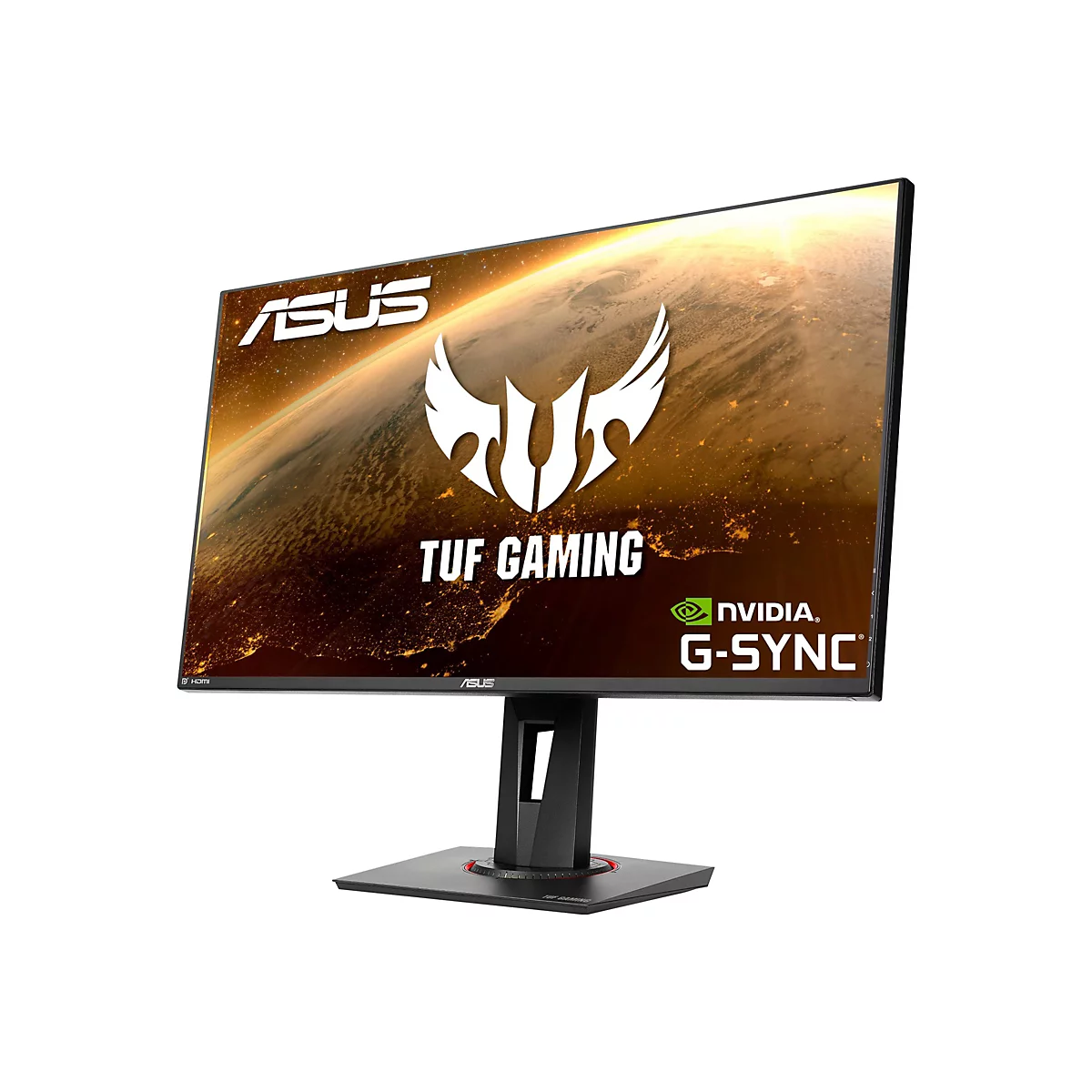 Ein ASUS TUF Gaming Monitor. Der Bildschirm zeigt ein goldenes Weltraumdesign, darunter Logos von ASUS, TUF Gaming und NVIDIA G-SYNC.