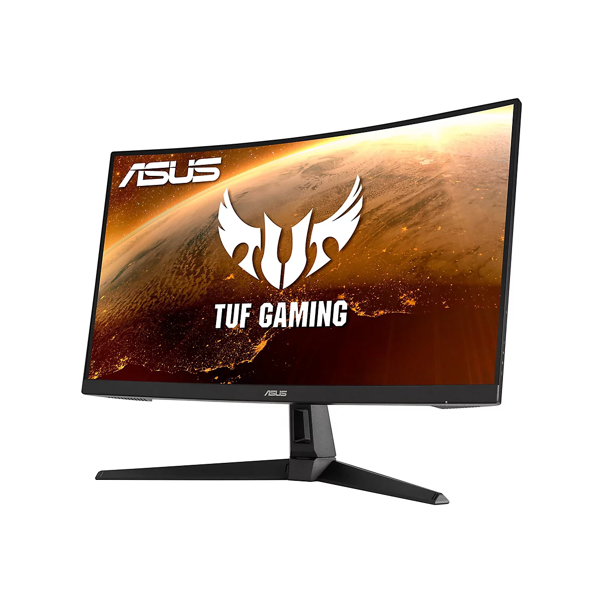 Ein schwarzer ASUS TUF Gaming Monitor mit gebogenem Bildschirm. Auf dem Display ist eine Weltraumlandschaft zu sehen.