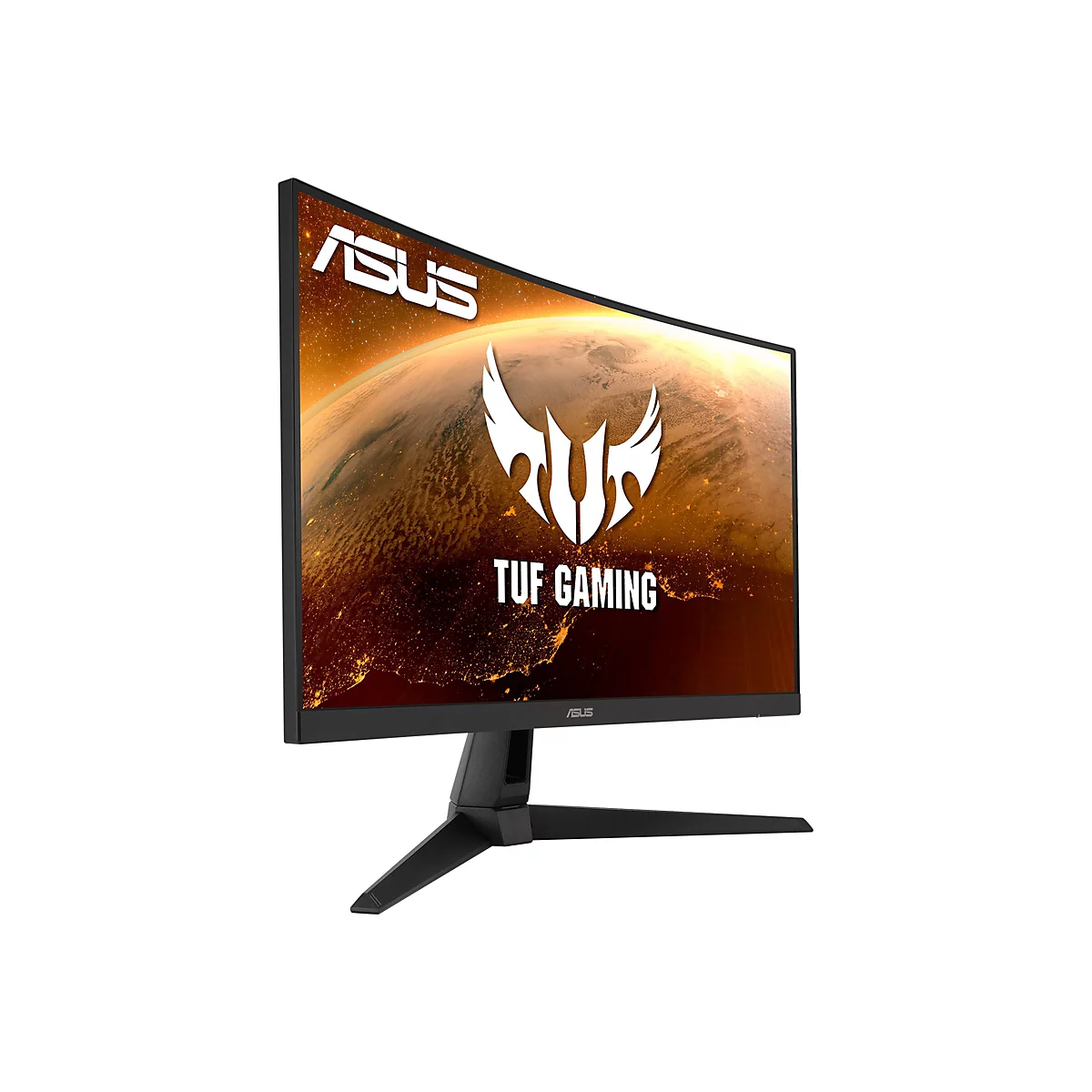 Ein schwarzer Asus TUF Gaming Monitor, leicht von der Seite aufgenommen, zeigt das Logo und ein Weltraum-Hintergrund.
