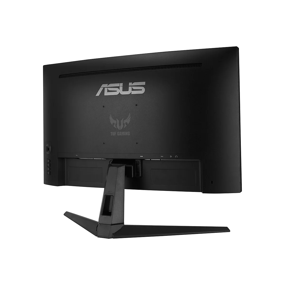 Ein schwarzer Monitor von ASUS, Rückansicht. Das ASUS-Logo und TUF GAMING sind zu sehen, sowie Anschlüsse und Standfuß.