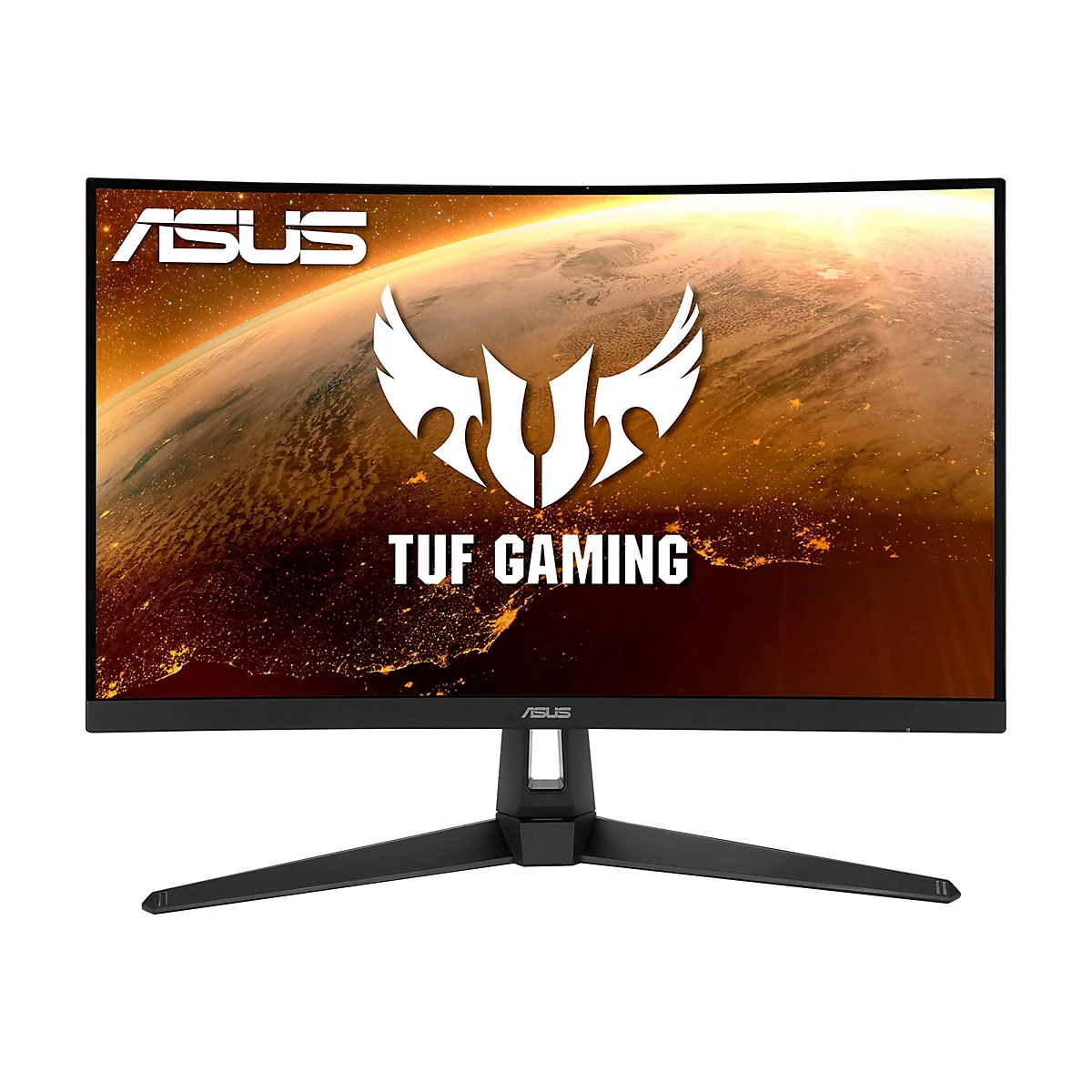 Ein schwarzer ASUS-Gaming-Monitor. Das Display zeigt ein abstraktes goldenes Bild mit weißen Logos. Auf dem Bildschirm steht groß "TUF GAMING". Das Display wird von einem Standfuß gehalten.