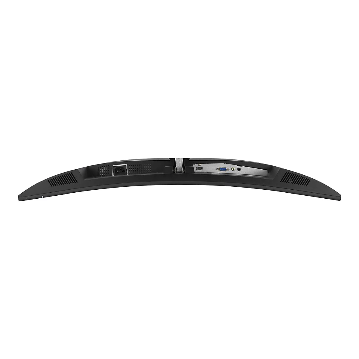 Die RÃ¼ckseite eines schwarzen, gebogenen Monitors. AnschlÃ¼sse fÃ¼r Strom, HDMI und VGA.