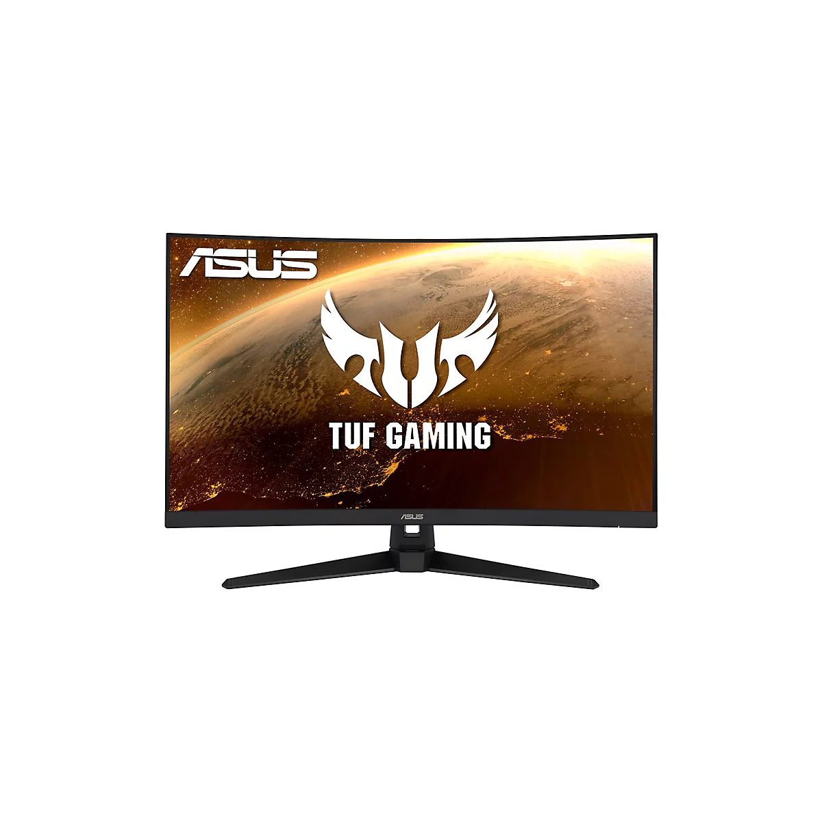 Schwarzer, gebogener Asus-Monitor mit TUF-Gaming-Logo. Im Hintergrund eine Darstellung der Erde.