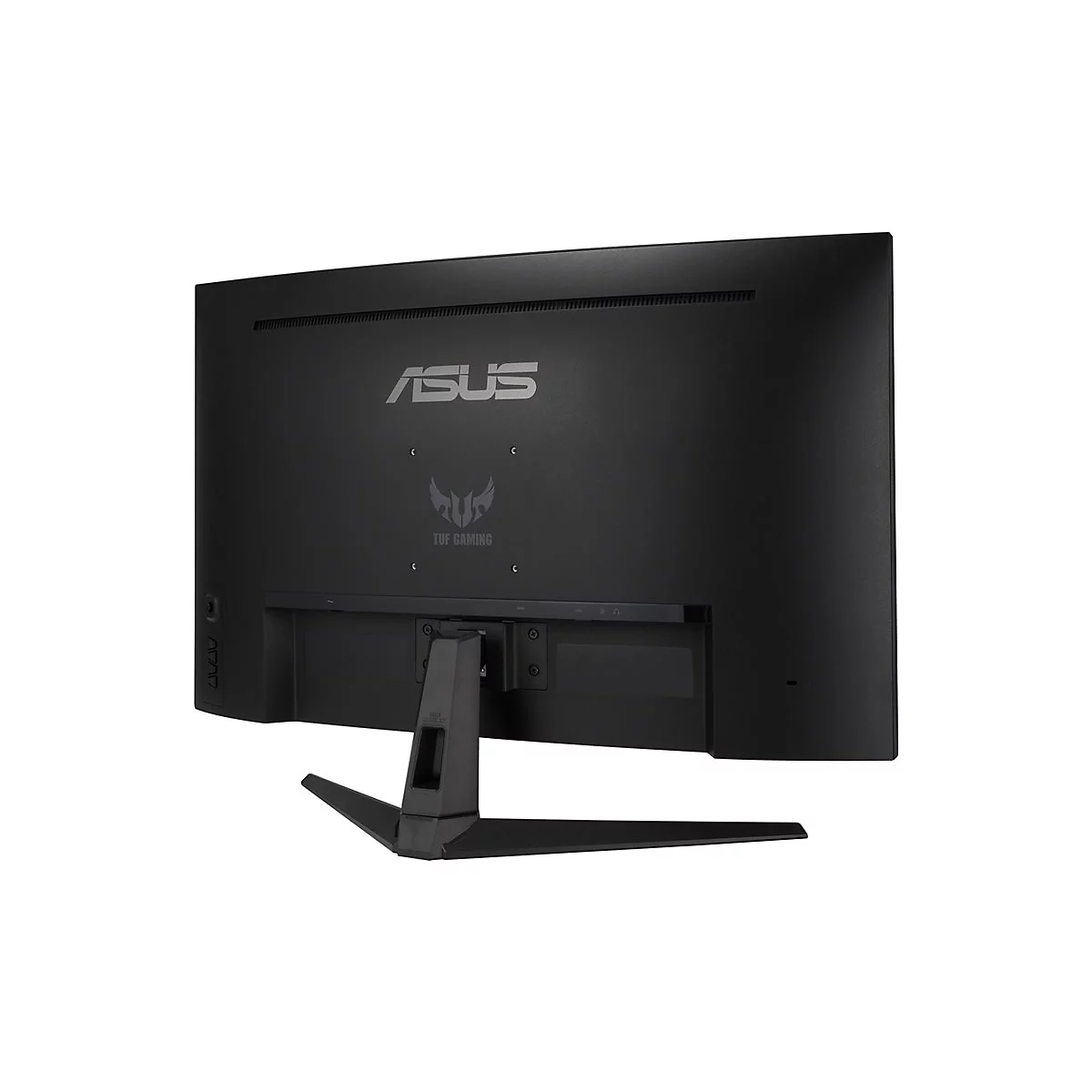 Schwarzer ASUS-Monitor, RÃ¼ckansicht, mit StandfuÃŸ, Logos von ASUS und TUF GAMING.