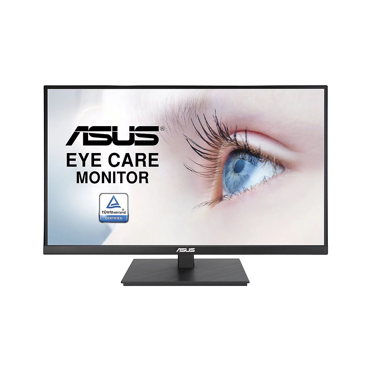 Monitor mit ASUS-Logo und dem Text EYE CARE MONITOR. Auf dem Bildschirm ist ein blaues Auge abgebildet.