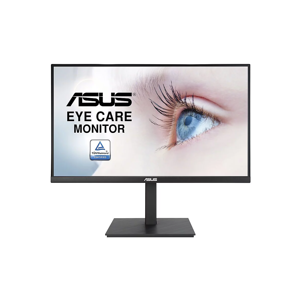 Schwarzer Asus Eye Care Monitor, Display mit blauem Auge. Schriftzug Eye Care Monitor.