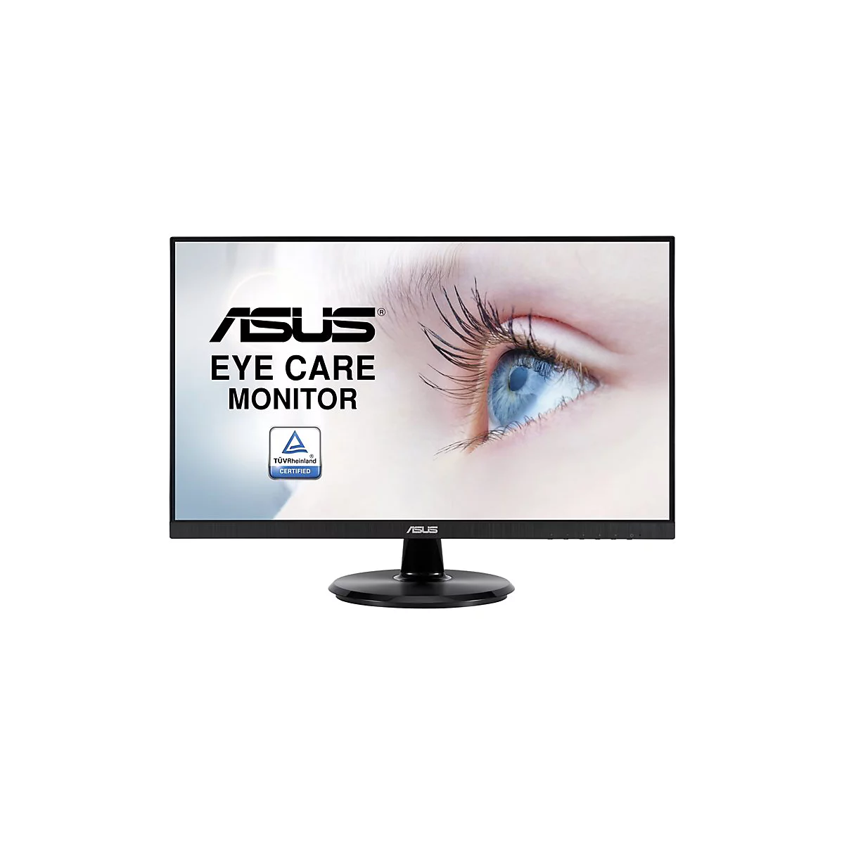 ASUS Eye Care Monitor mit Bild eines Auges. Auf dem Display sind Logos und Zertifizierungen zu sehen.