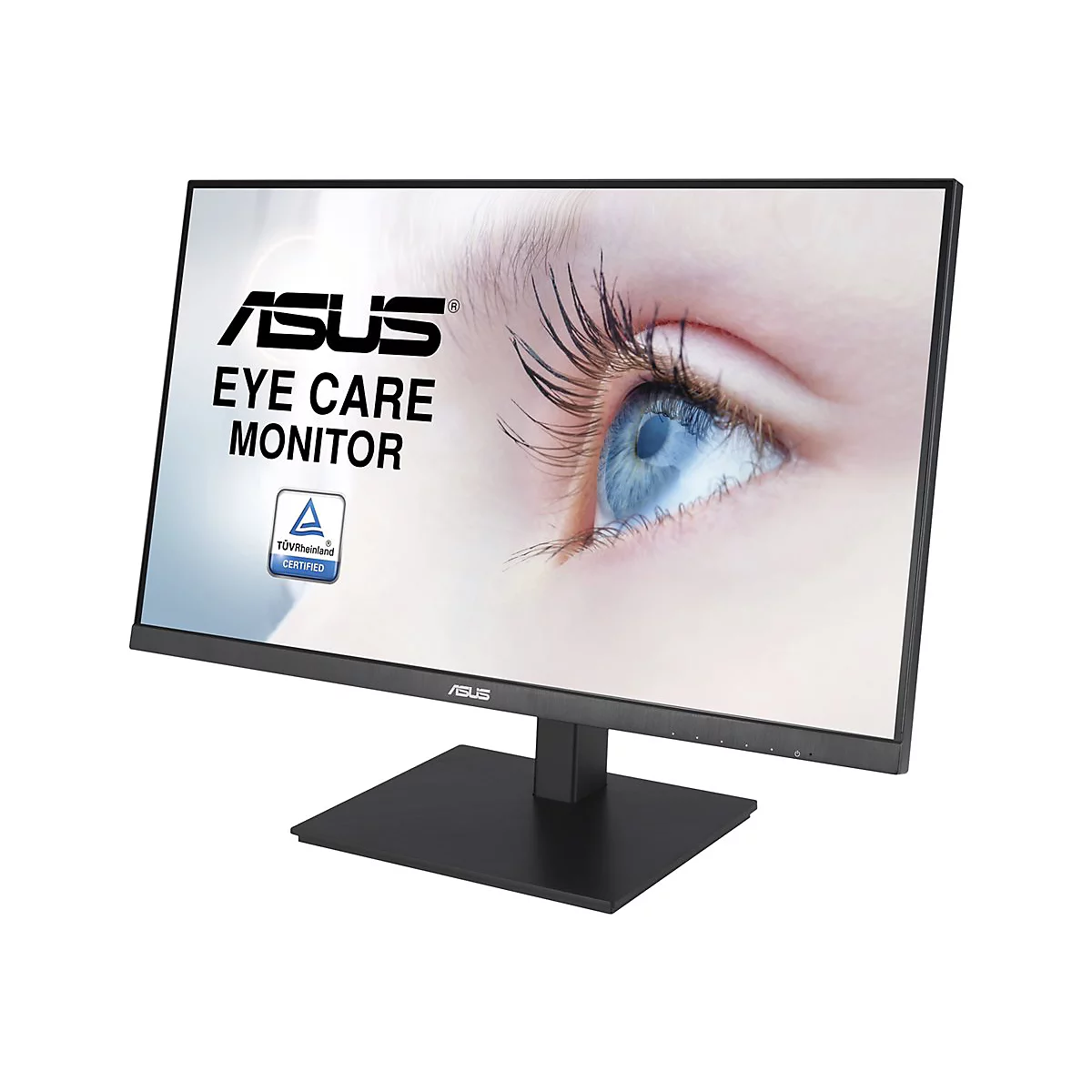 Schwarzer Monitor mit dem ASUS Logo. Auf dem Bildschirm ist ein Auge abgebildet. Der Schriftzug Eye Care Monitor ist zu sehen.