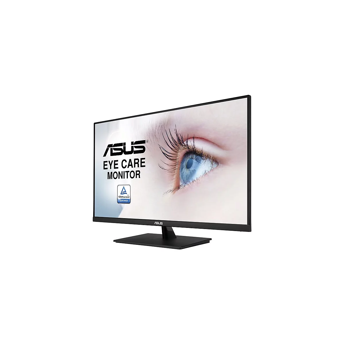 Schwarz gerahmter ASUS-Monitor mit Augen-Care-Funktion. Auf dem Bildschirm ein blaues Auge mit langen Wimpern, daneben Schriftzug.