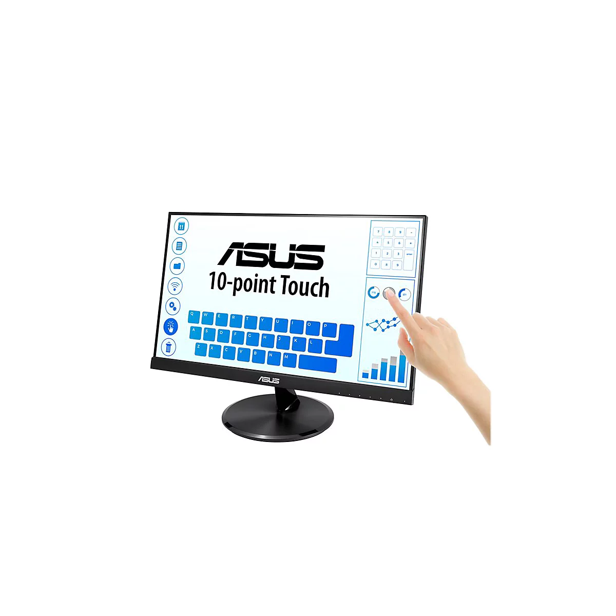 Ein schwarzer ASUS-Touchscreen-Monitor. Auf dem Bildschirm sind Icons, Tastatur und Diagramme zu sehen. Eine Hand berÃ¼hrt den Bildschirm.
