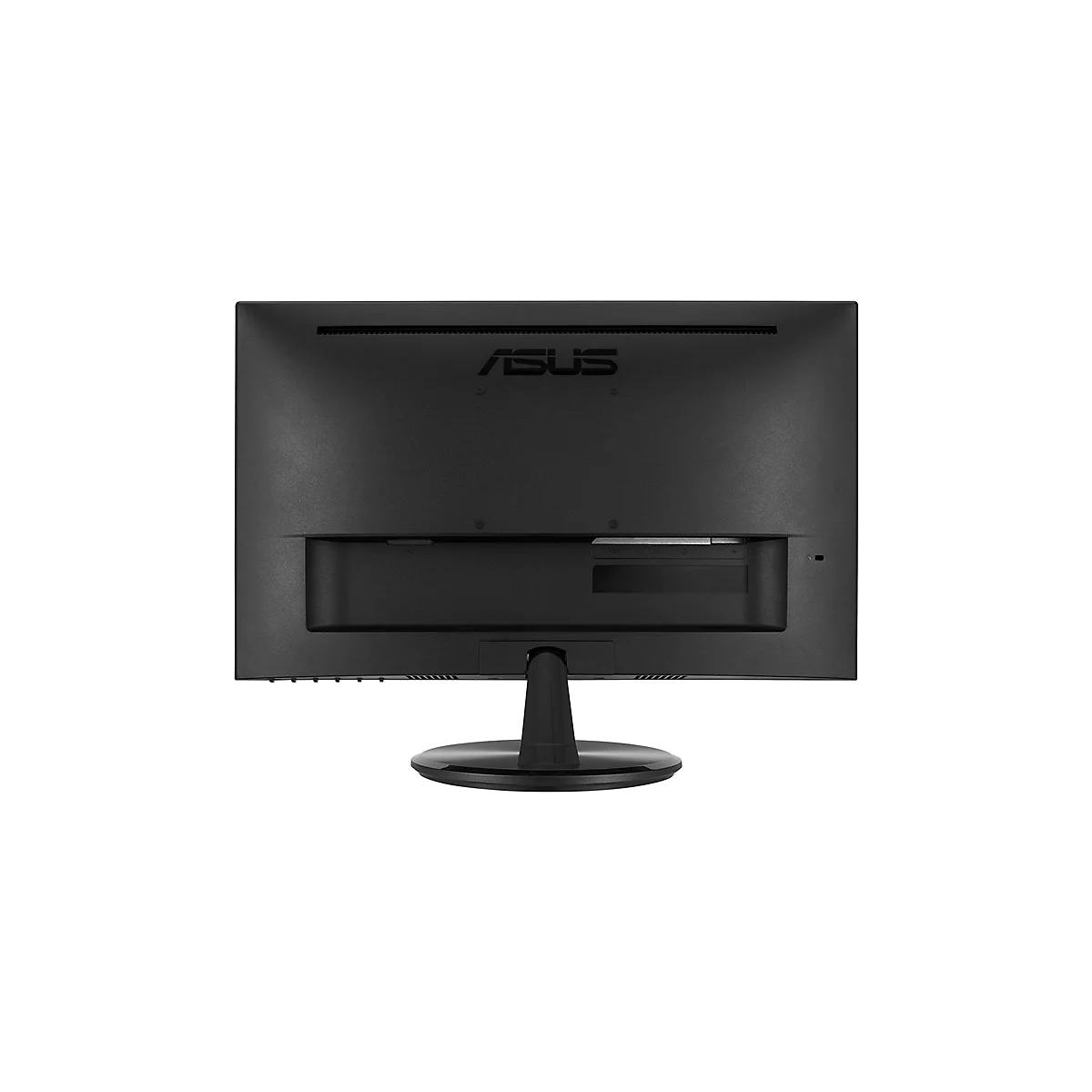 RÃ¼ckseite eines schwarzen ASUS Monitors. Aufschrift: ASUS.