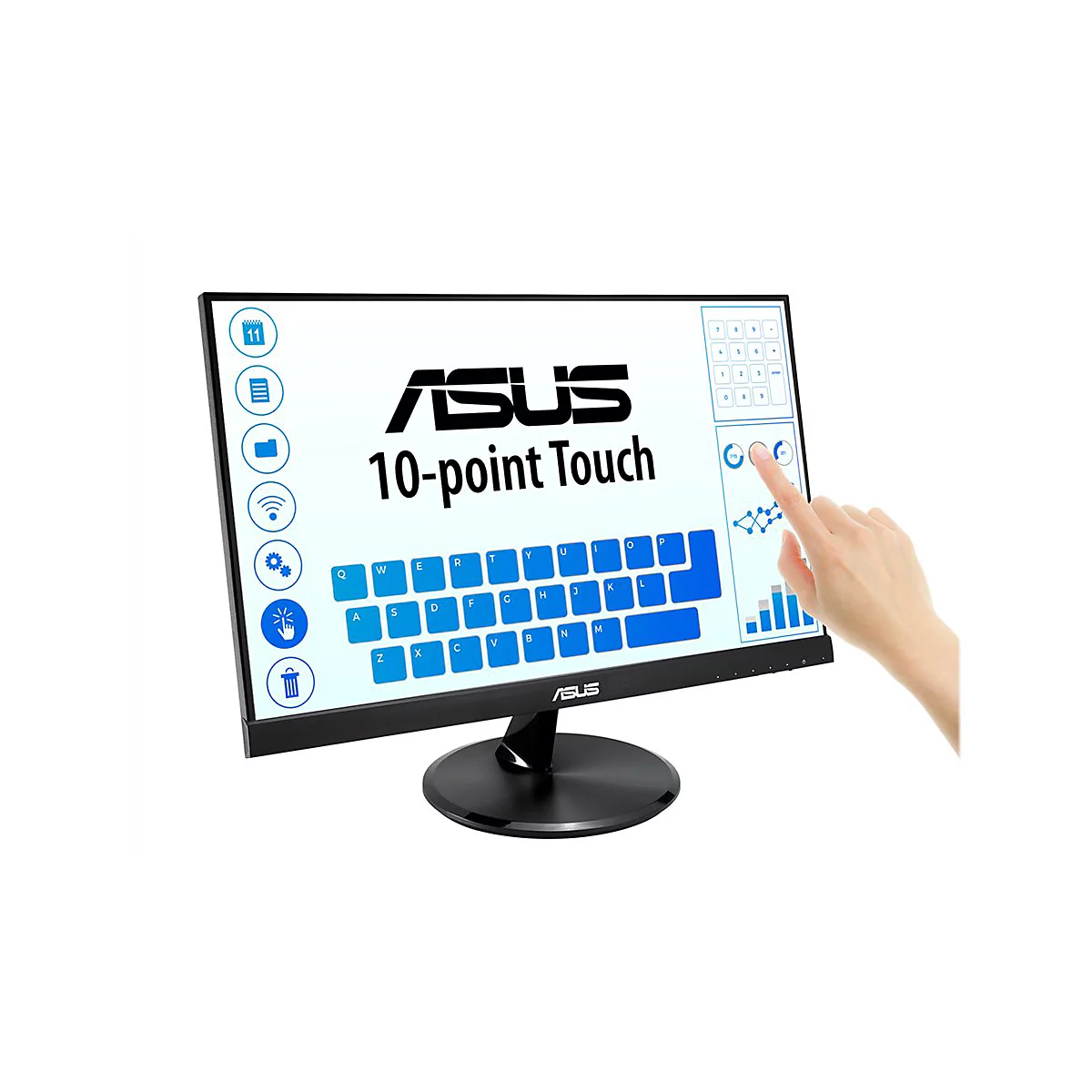 Ein schwarzer ASUS Touchscreen-Monitor. Hand berÃ¼hrt den Bildschirm, auf dem '10-point Touch' steht. Links Symbole.