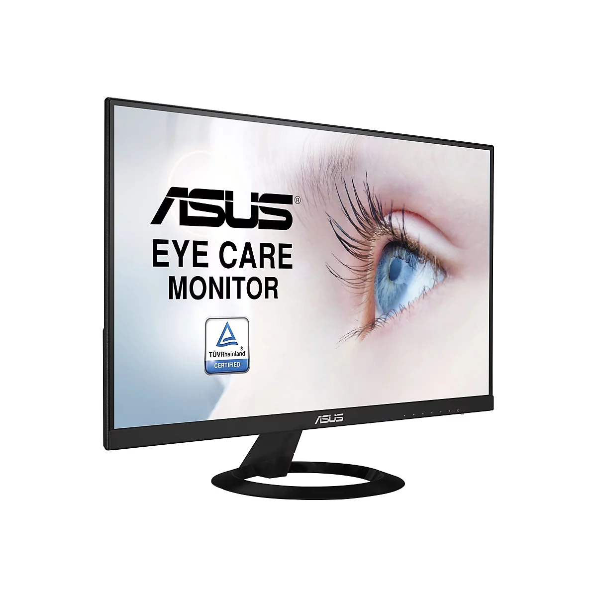 Ein schwarzer Asus Eye Care Monitor, auf dem eine Nahaufnahme eines blauen Auges abgebildet ist. Logos des Herstellers und des TÜV Rheinland.