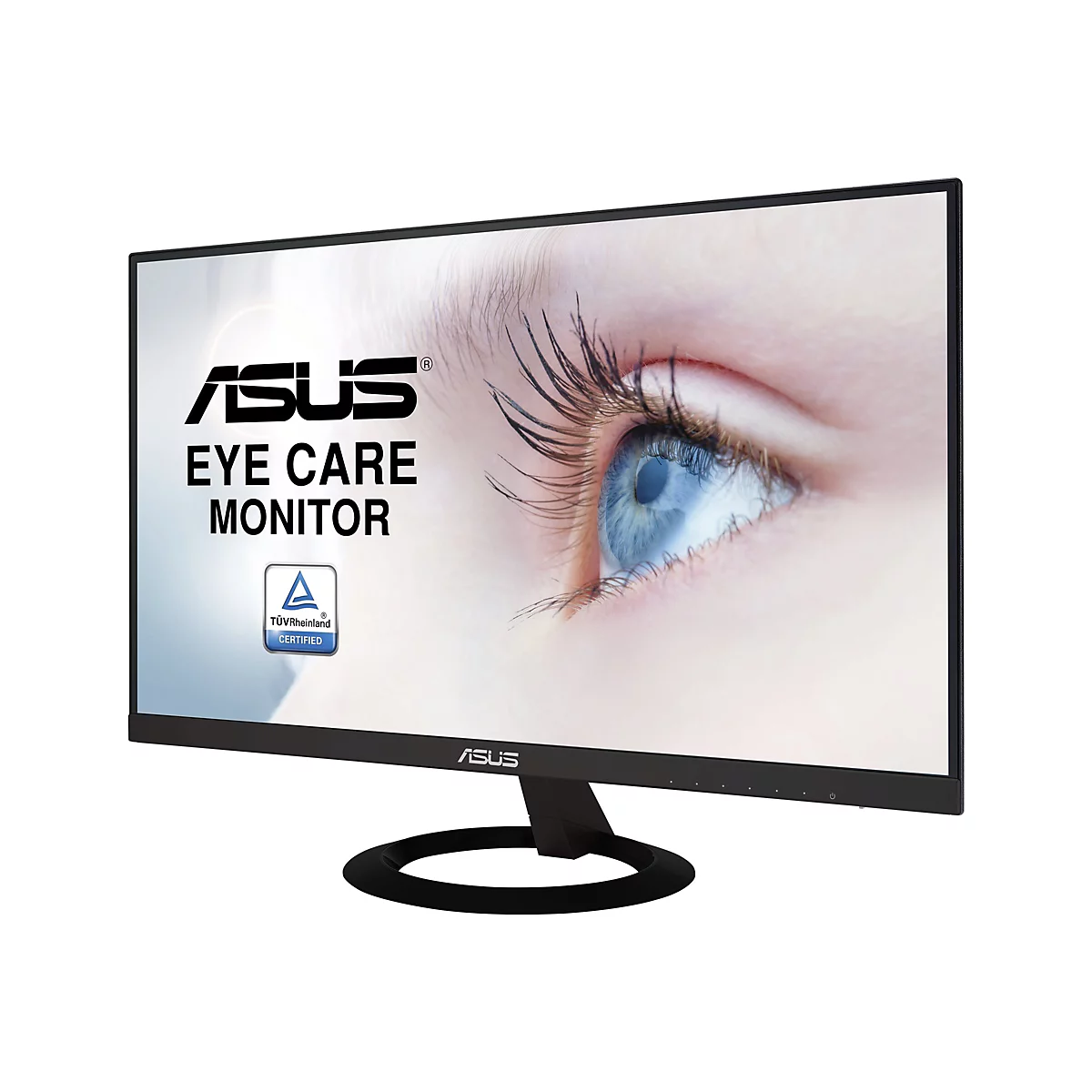 Ein Asus Eye Care Monitor mit dem Bild eines blauen Auges. Der Monitor zeigt Werbung für augenschonende Technologie.