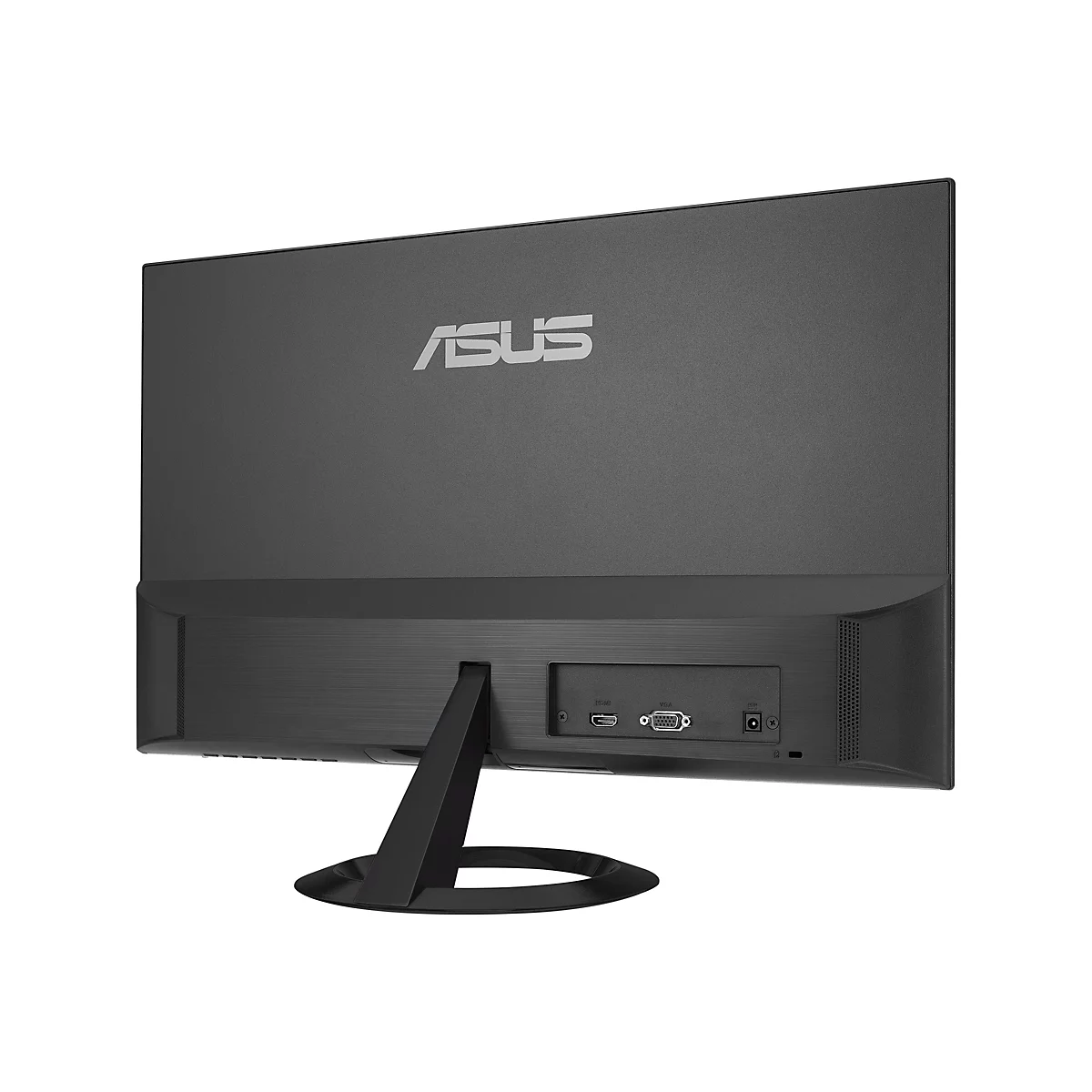 Rückseite eines schwarzen Asus-Monitors mit Anschlüssen für HDMI, VGA und Strom.