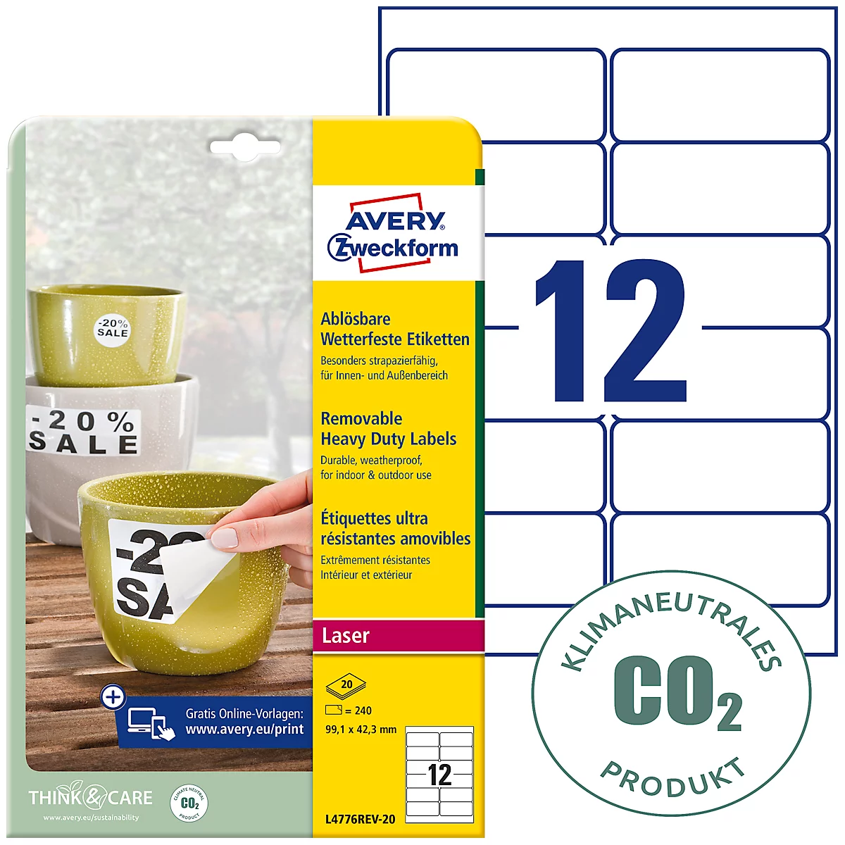  Avery® Zweckform Etiketten L4776REV, weerbestendig, verwijderbaar, printer-veilig, rechthoekig, polyester, mat wit, 240 stuks op 20 vel