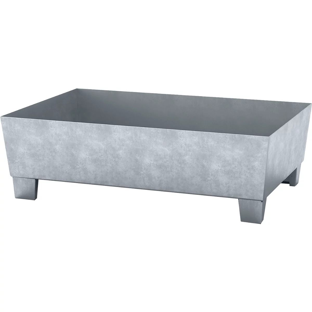 Bac en métal gris rectangulaire avec quatre pieds courts.