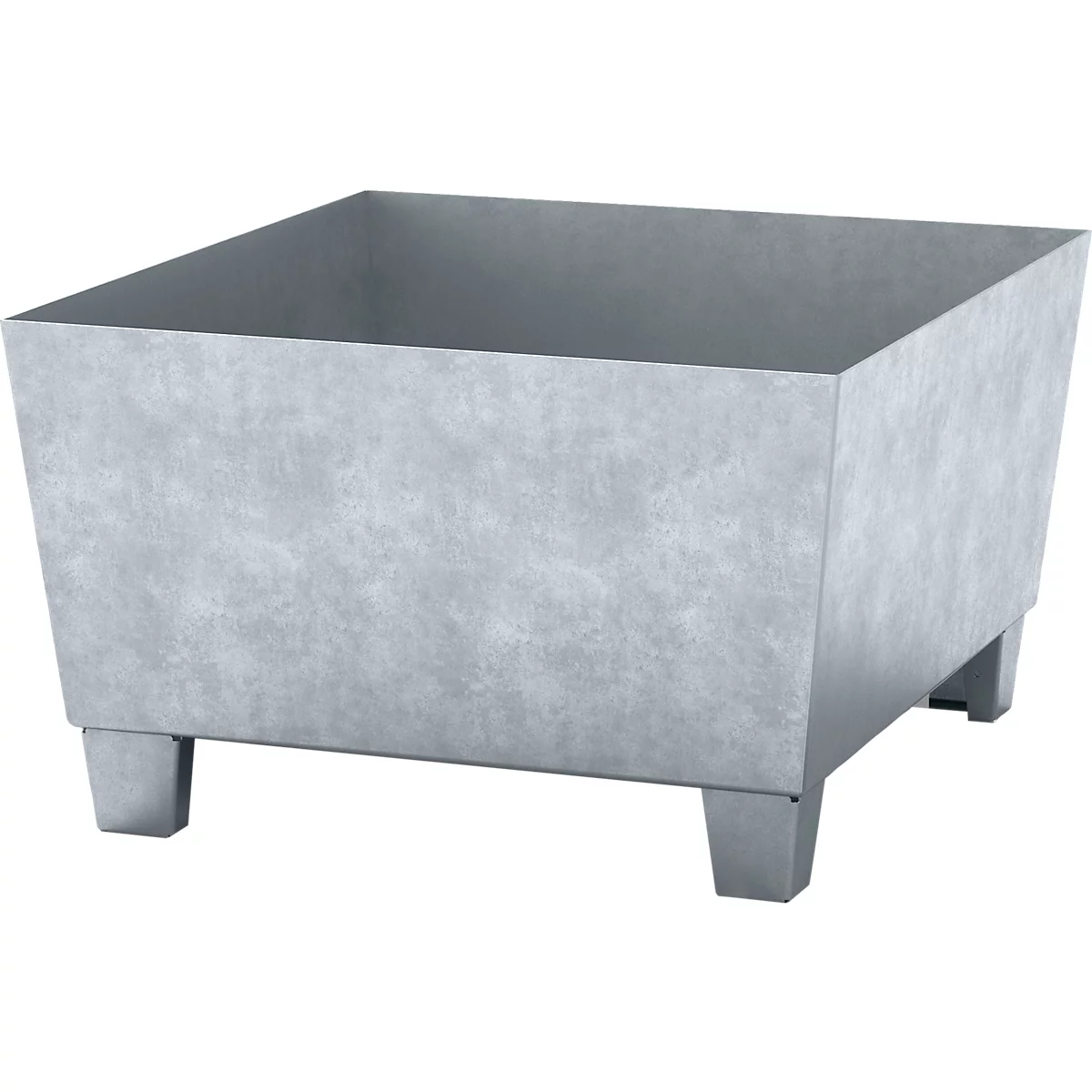 Jardinière carrée grise avec côtés coniques, sur pieds courts et rectangulaires.