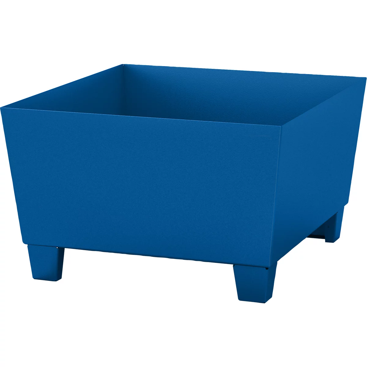 Jardinière rectangulaire bleue, légèrement inclinée vers l'extérieur, reposant sur quatre pieds carrés.