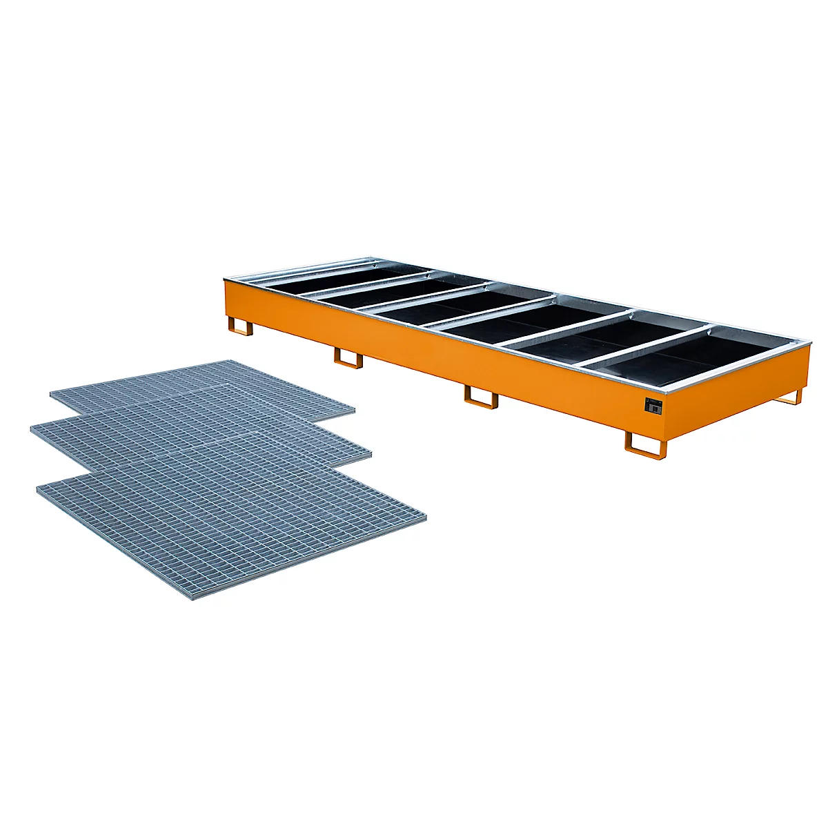 Ein gelber, rechteckiger Auffangbehälter mit schwarzen Einlegern und daneben drei Metallgitter.