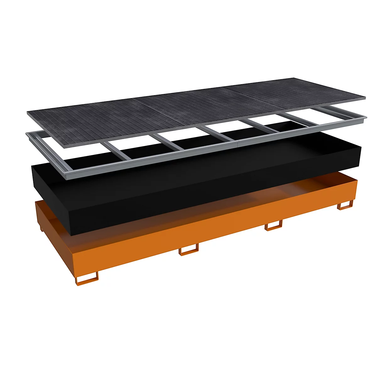 Ontplofte weergave van een podium met oranje basis, zwart kussen, zilveren frame en grijze panelen.