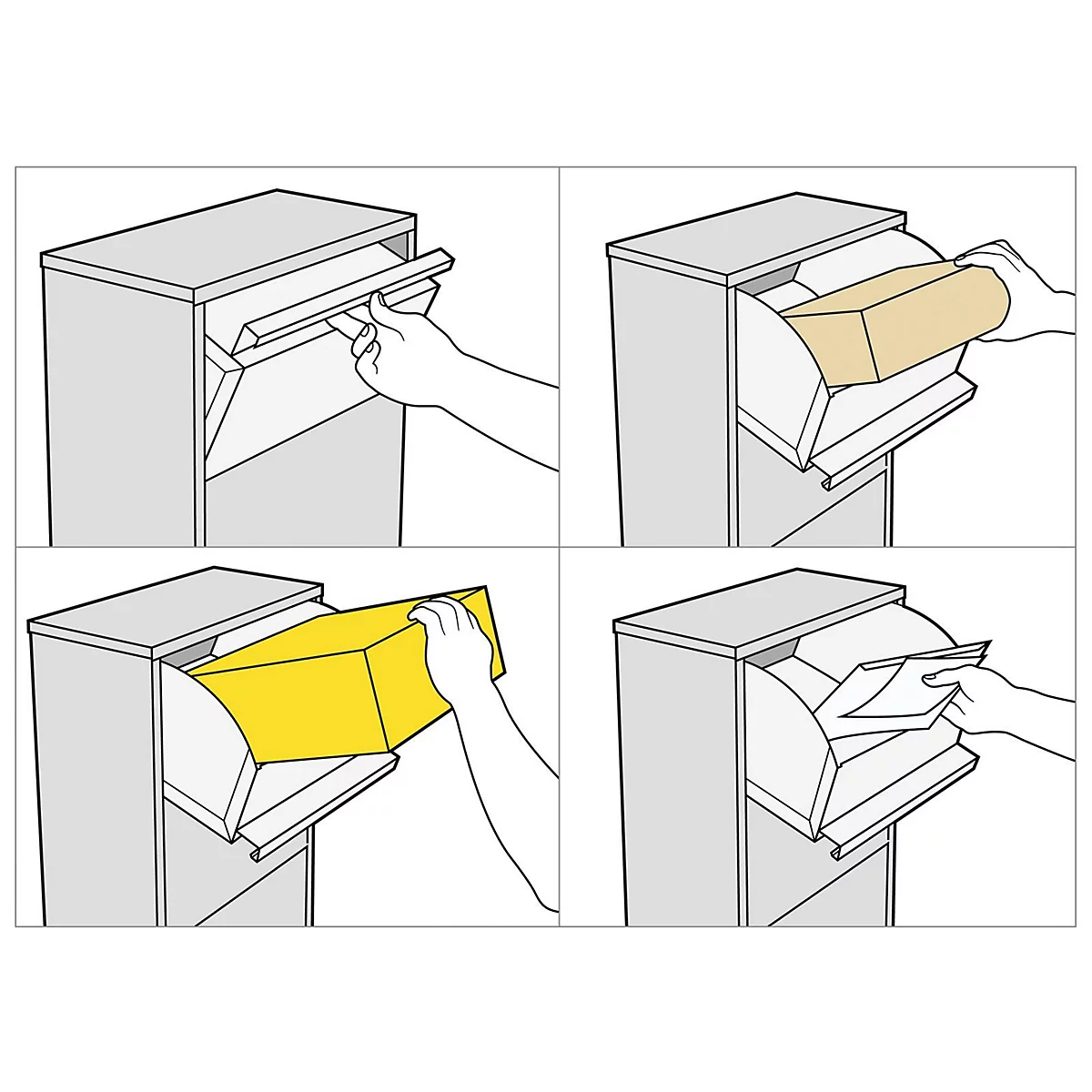 Illustration : Remplissage d'une boîte aux lettres. Étape 1 : Ouvrir le rabat. Étape 2 : Mettre le colis. Étape 3 : Insérer le colis. Étape 4 : Retirer les documents.