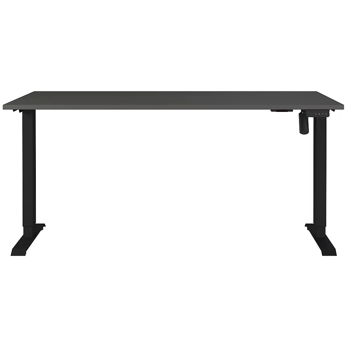 Un bureau gris réglable en hauteur avec des pieds noirs, sur fond blanc.