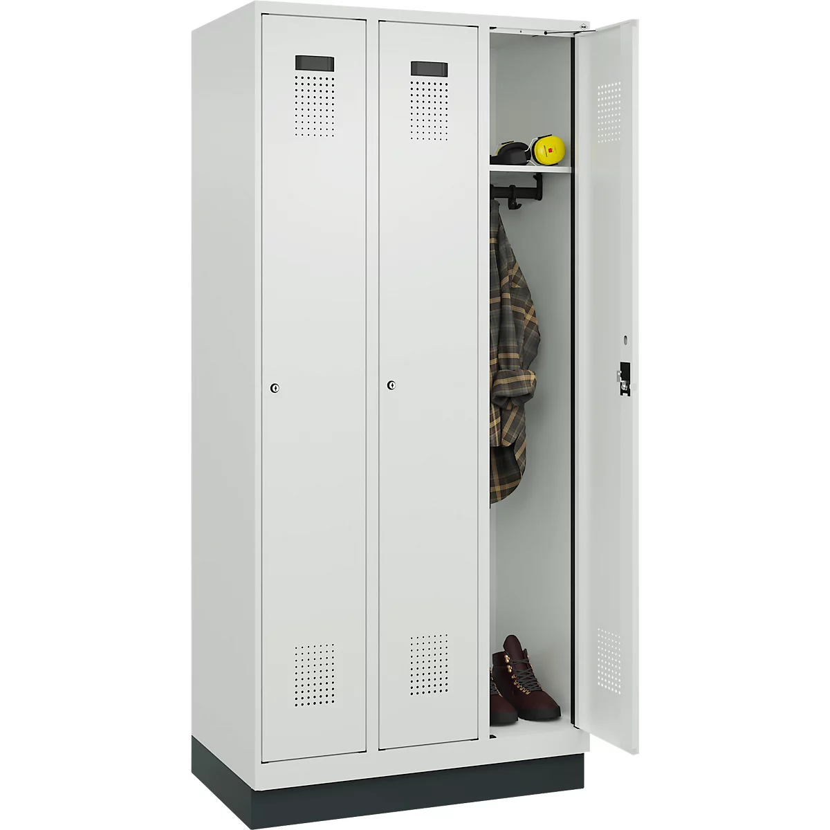  C+P Evolo Plus garderobekast, 3 vakken, 300 mm vakbreedte, met plint, rechts scharnier, soft-close, inbraakwerend, B 900 x D 500 x H 1950 mm, cilinderslot, lichtgrijs RAL 7035/lichtgrijs RAL 7035