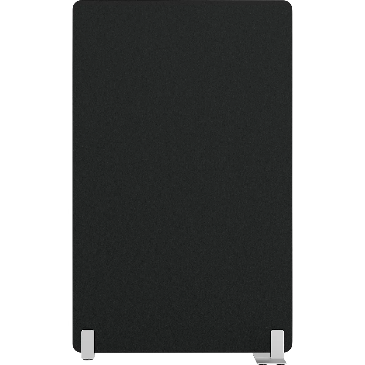 Élément noir rectangulaire avec pieds blancs, isolé sur fond blanc.