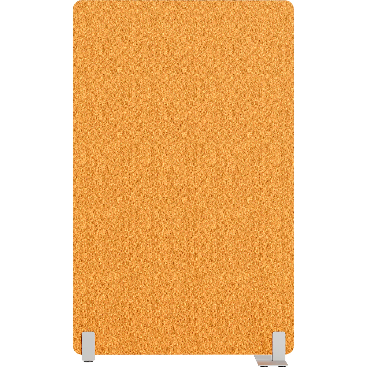 Cloison rectangulaire orange, posée sur deux pieds argentés.