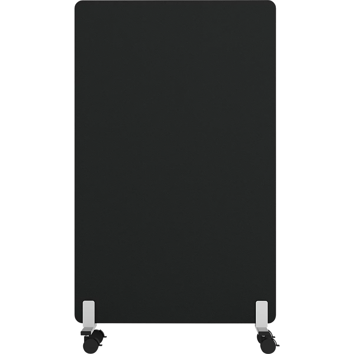 Panneau de séparation noir et rectangulaire avec roues. Pour plus d'intimité et de flexibilité au bureau.