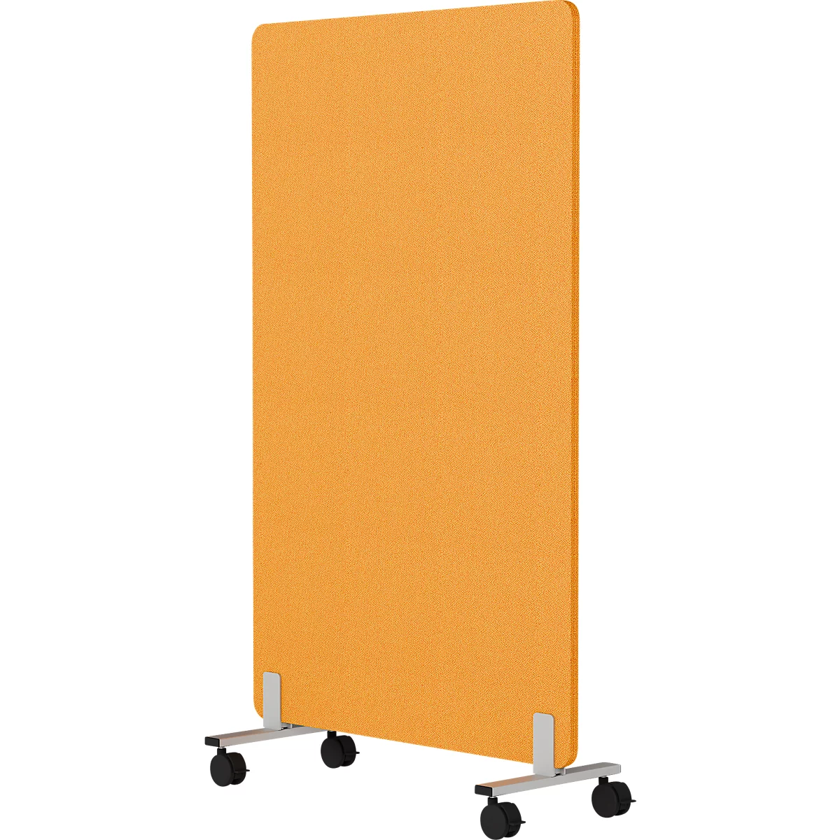 Cloison mobile orange sur roulettes. L'élément rectangulaire a des coins arrondis et repose sur un cadre argenté avec quatre roulettes noires.
