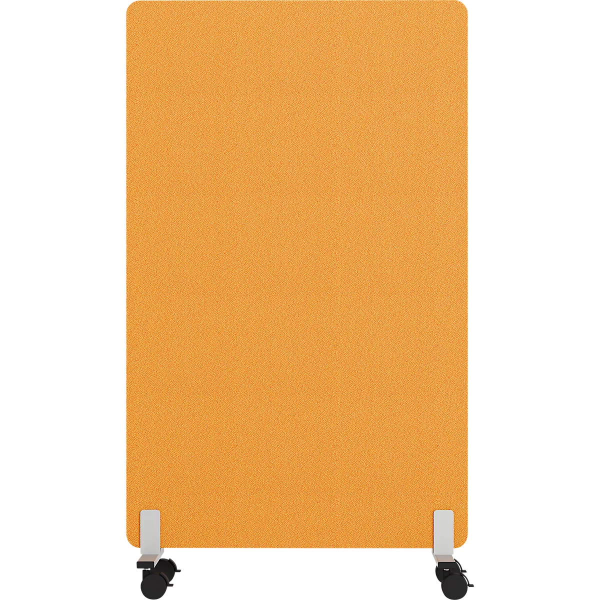 Cloison de séparation rectangulaire orange avec roulettes et supports blancs. Le tissu en feutre a une texture de surface rugueuse.