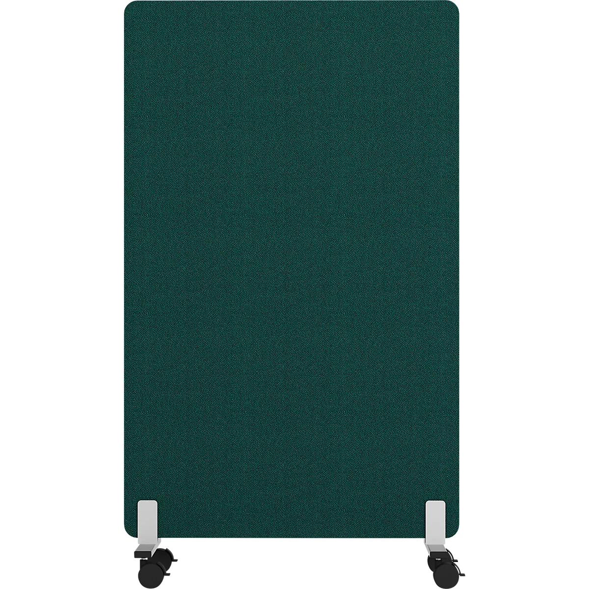 Une cloison autoportante vert foncé sur roulettes.