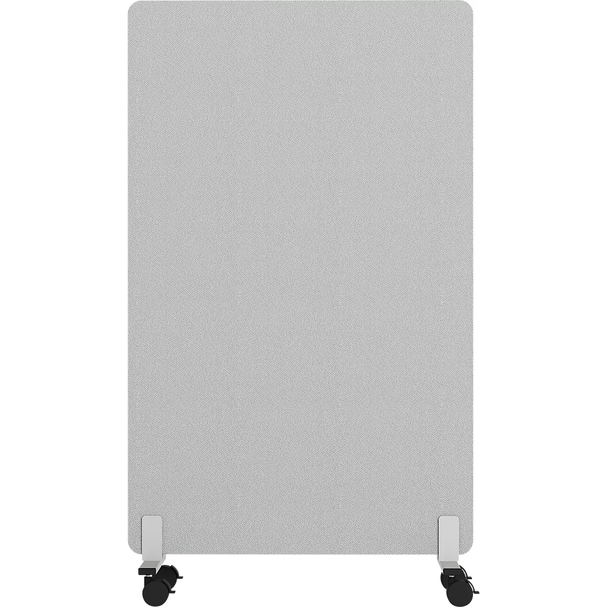 Cloison rectangulaire grise avec roulettes. Deux supports blancs en bas et une roue noire chacun.