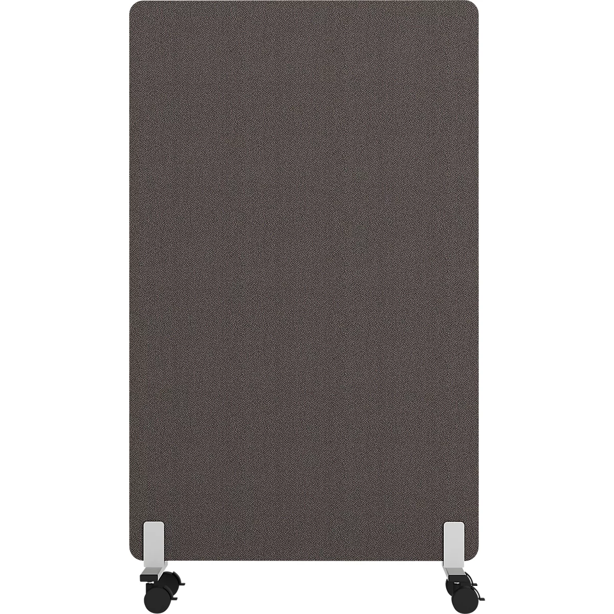 Un séparateur de pièce rectangulaire gris avec des roues. Coins inférieurs et supérieurs arrondis.