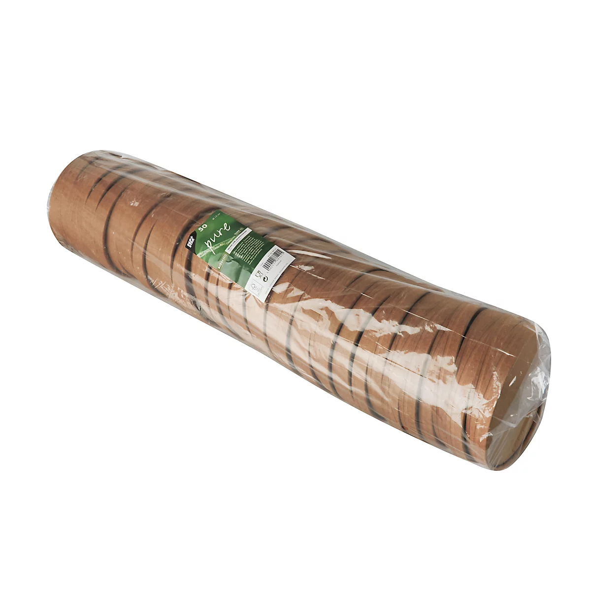 Rolle aus braunem Material mit schwarzen Streifen, in Folie verpackt. Ein Etikett ist angebracht.