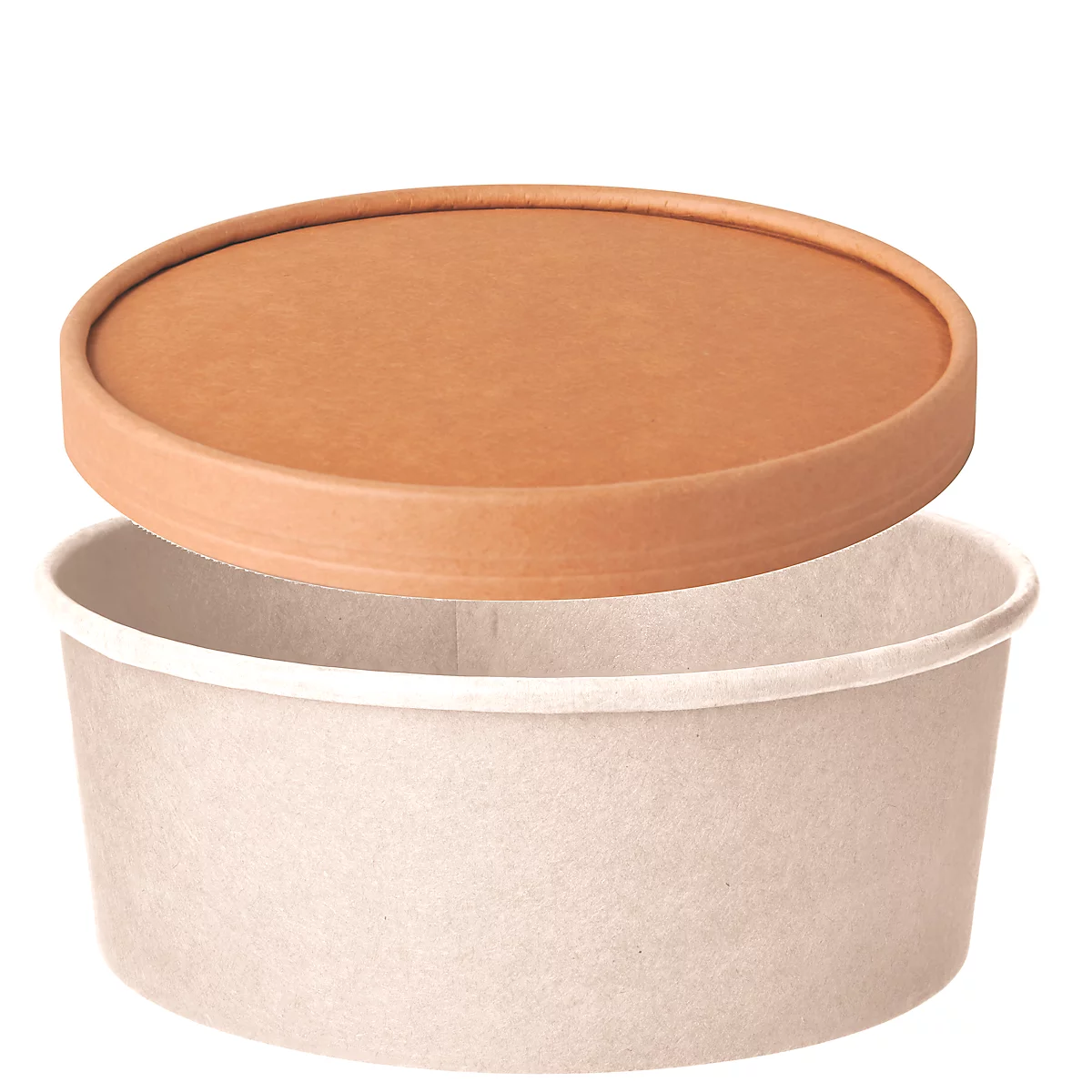 Becher mit Deckel; beide aus braunem Papier, Deckel leicht angehoben.