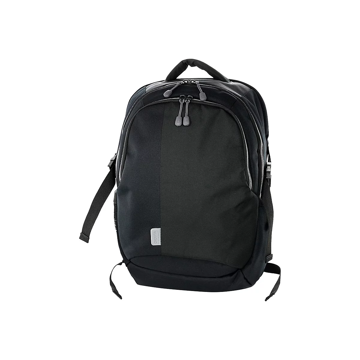 Schwarzer Rucksack mit grauem Griff und ReiÃŸverschlÃ¼ssen, sowie silbernen Details.
