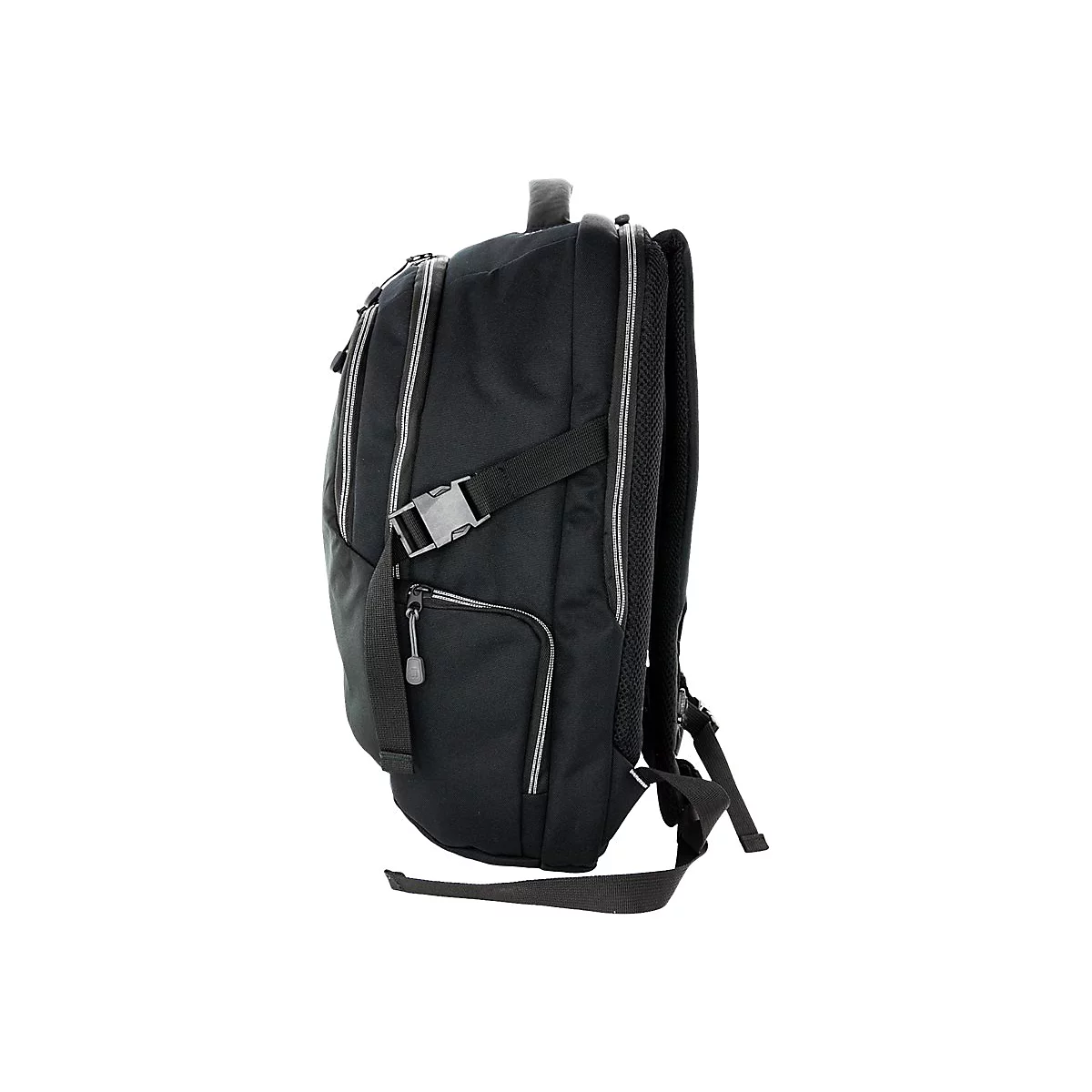 Schwarzer Rucksack mit silberfarbenen ReiÃŸverschlÃ¼ssen, Schnallen und Details, Seitenansicht.