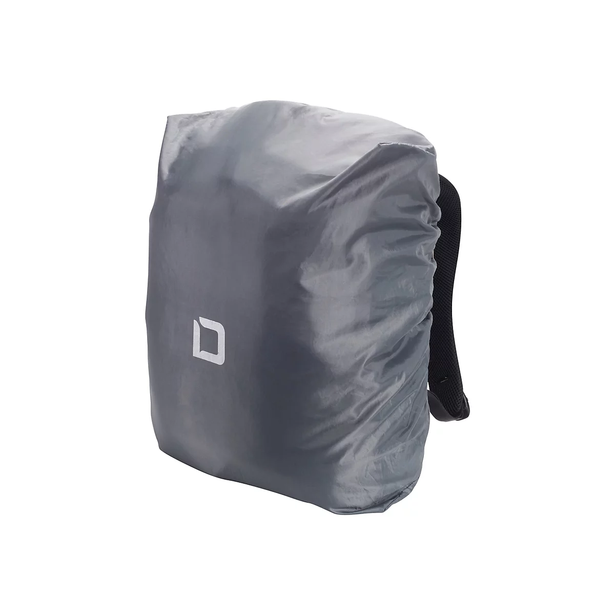 Grauer Rucksack mit Regenschutz. Quadratisches Logo. Schwarzer TrÃ¤ger.