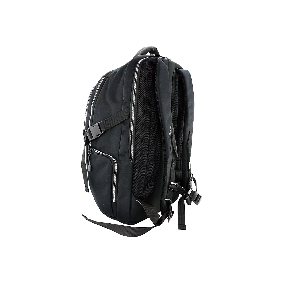 Schwarzer Rucksack im Seitenprofil. Details: Gurte, ReiÃŸverschlÃ¼sse, silberne Zierstreifen.